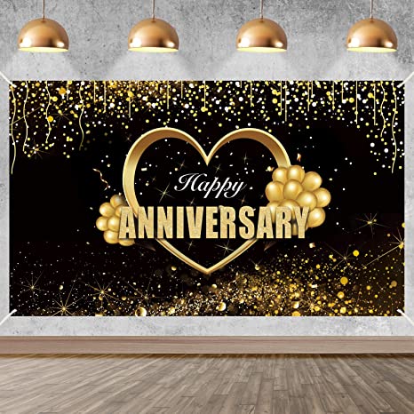 Yoaokiy Happy Anniversary Banner Sign Decorations, Extra Large Wedding Anniversary Party Backdrop Supplies, Black Gold Anniversary Poster Photo Booth for Outdoor Indoor(6X3.6ft)