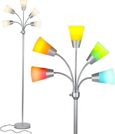 Brightech Medusa Modern LED Floor Lamp – Contemporary Multi Head Standing Reading Lamp for Living Room, Bedroom, Kids Room - Includes 5 LED Bulbs and 5 White & Colored Interchangeable Shades – Silver
