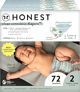 The Honest Company Clean Conscious Diapers | Plant-Based, Sustainable | Turtle Time   Dots & Dashes | Club Box, Size 2 (12-18 lbs), 72 Count