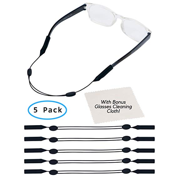 Adjustable Eyewear Retainer by Sidelinx (5 Pack) - No Tail Sunglass Strap - Eyeglass String Holder - With Bonus Glasses Cleaning Cloth - 5 Pack