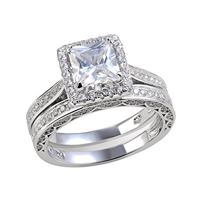 Newshe Jewellery 2.8 Carat Princess White CZ 925 Solid Sterling Silver Wedding Band Engagement Ring Set