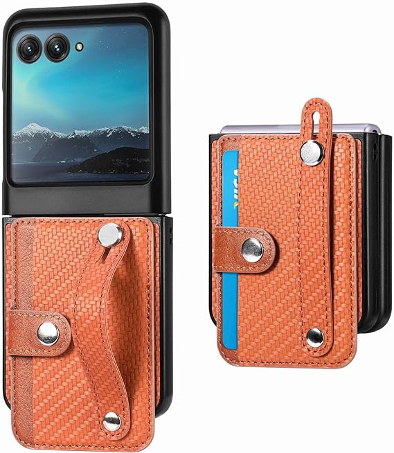 DAMONDY for Moto Razr Plus 2023 Case with Wristband Ring,Motorola Razr  2023 Flip Case, Full Body Thin PU Leather Wrist Strap Kickstand Protective Phone Cover Cases for Motorola Razr  2023 -Brown