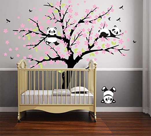 Three Playful Pandas Bear on Cherry Blossom Tree Wall Decal Tree Wall Sticker Nursery and Children's Room