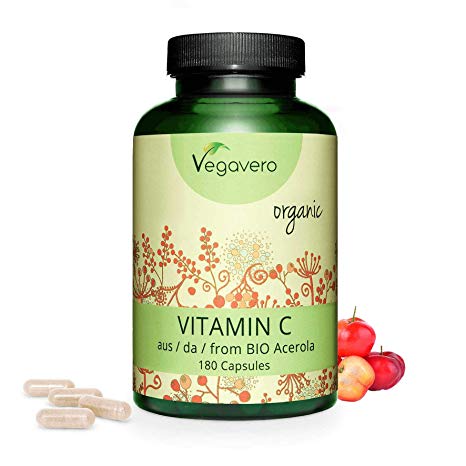 VEGAVERO® Organic Vitamin C from Acerola Cherries | 1060 mg Extract with 180 mg Natural Vitamin C | 180 Capsules | Natural Antioxidant | No Additives | Non-GMO | 100% Vegan