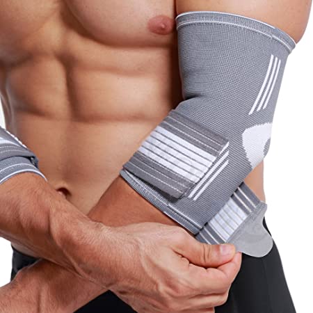 Neotech Care Elbow Brace Support Sleeve (1 Pair) - Elastic & Breathable Fabric - Adjustable Compression Strap/Band - for Men, Women, Right or Left Arm - Gray Color (Size XS)