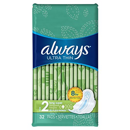 Always Ultra Thin Size 2 Long  Pads With Wings, Super Absorbency, Unscented, 32 count (Pack of 3),Packaging May Vary