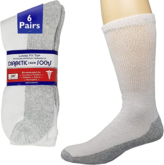 Debra Weitzner Diabetic Crew Socks Reinforced Heel and Toe Non-Binding Cushion Socks for Men and Women 6 Pairs White/Grey Sole 13-15