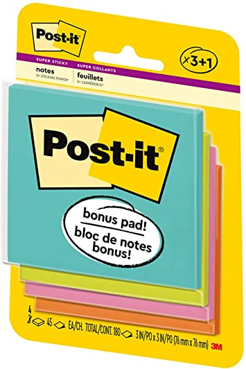 Post-it Super Sticky Notes, 3x3 in, 4 Pads, 2x the Sticking Power, Miami Collection, Neon Colors (Orange, Pink, Blue, Green), Recyclable(3321-SSAN-B)