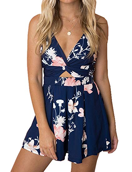 Murimia Women's Summer V-Neck Floral Spaghetti Strap Short Rompers and Jumpsuits