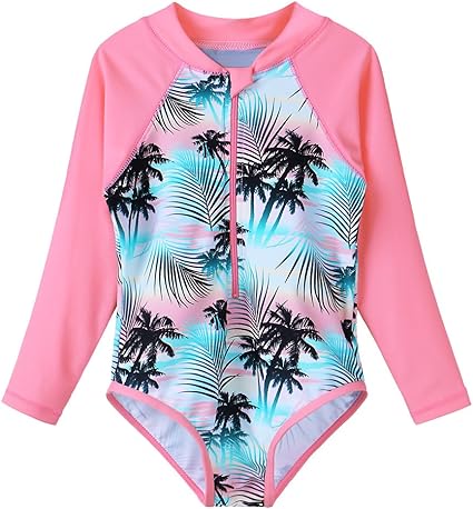 TFJH E Kids Girls Rashguard Swimsuit UV 50  Long Sleeve One Piece Swimwear Zip