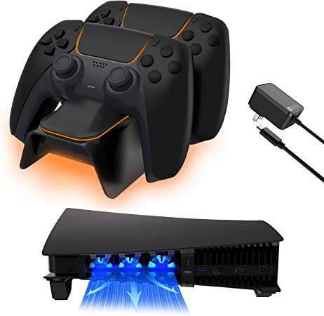 NexiGo PS5 Horizontal Stand with Controller Charger & Cooling Fans, Playstation 5 Charging Station with LED Indicator, Efficient Cooling System, Compatible with Disc & Digital Editions