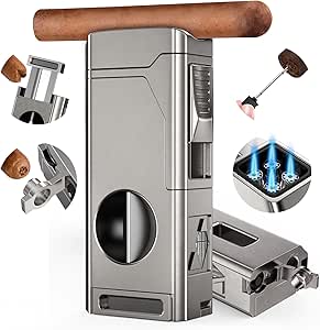 Scotte Cigar Lighter, Torch Lighter 4 Jet Flame, Refillable Butane Lighter with Cigar Cutter V Cut Cigar Punch Cigar Holder Cigar Draw Enhancer, Great Cigar Accessories Cool Lighters with Gift Box