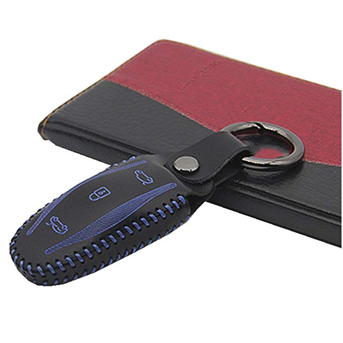 Car Genuine Leather Key Chain Key Case Key Protector Key Fob Cover Compatible Tesla Model S (Model S-Blue)