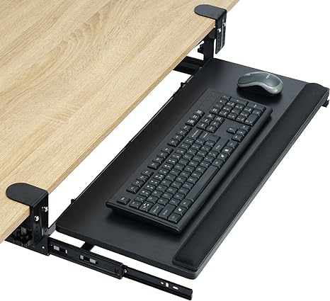 TOPSKY Adjustable Under-Desk Keyboard Tray, 26.8”x11” Pull Out Keyboard and Mouse Tray with Tilted Mechanism and C Clamp for Home and Office (Black)