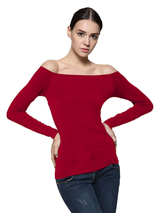Maggie Tang Trendy Solid Fitted Off Shoulder Long Sleeve Blouse Top
