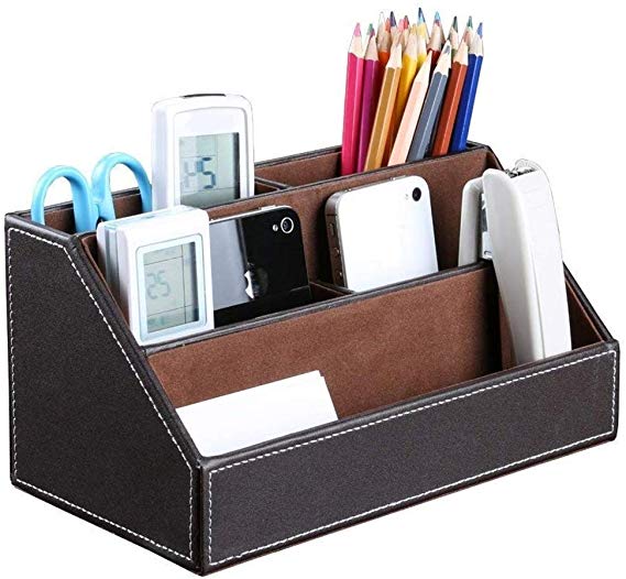 Bargain Crusader Brown PU Leather Remote Controller Holder TV Guide CD DVD Controller Organizer Desk Caddy Stationery Organizer Caddy Stationery Holder (L:9.45 x W:5.3 x H:4.3/1.6 inches, Brown)