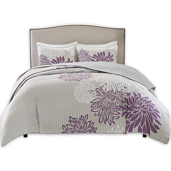 Comfort Spaces – Enya Quilt Mini Set - 3 Piece – Purple and Grey – Floral Printed Pattern – King Size, Includes 1 Quilt, 2 Shams