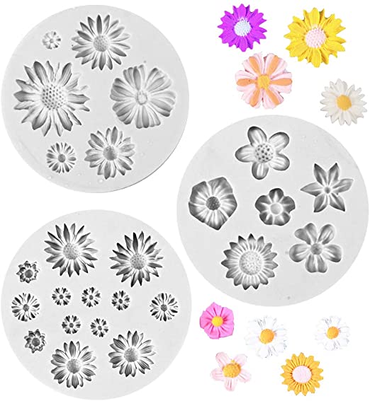 BoomYou 3PCS Silicone Fondant Cake Decorating Daisy Flower Sun Flower Mold for Chocolate, Baking, Sugar Craft, Polymer Clay, Soap, Cupcake Mini Flower – Gray Style 1