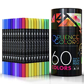 60 Dual Tip Brush Pens with Watercolor Brush Art Markers Tip & Fineliner Tip 0.4mm by Opulence Colors for Adult Coloring Books | Sketching | Highlighting | Bullet Journal Note Taking