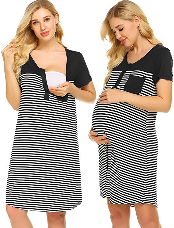 Ekouaer Women's Short Sleeve Nightgown Striped Nursing Dress for Breastfeeding Sleepwear