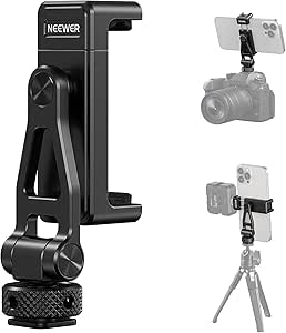 Neewer Metal Phone Tripod Mount with Cold Shoes, 1/4" Thread, 180° Tilt, 360° Rotation, Adjustable Phone Clamp Metal Phone Holder Compatible with iPhone 16 15 Pro Max S24 Ultra Camera Cage, GA010