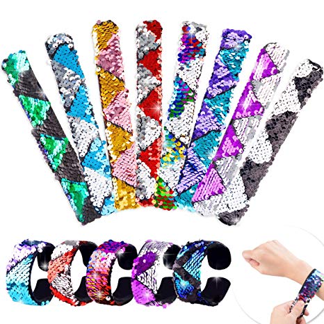 MOMOTOYS Mermaid Party Favors 18Pcs Slap Bracelets Wristband, 2-Color Reversible Charm Slap Bands Flip Magic Sequins for Kids Birthday Party Favors Supplies School Rewards Prizes Goodie Bags Fillers