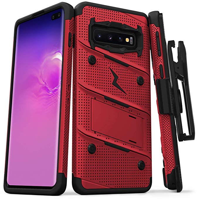 Zizo Bolt Series Compatible with Galaxy S10 Plus Case Military Grade Drop Tested with Built in Kickstand Holster Red Black