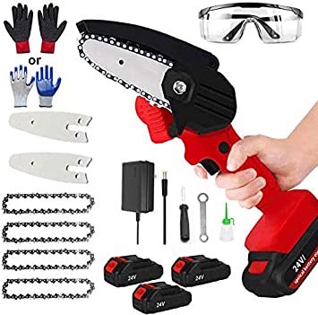 Mini Chainsaw Set 4-Inch Cordless 24V Electric Portable Chainsaw with Three 2000mAh Batteries and 4 Chain Pruning Shears for Courtyard Tree Branch Wood Cutting