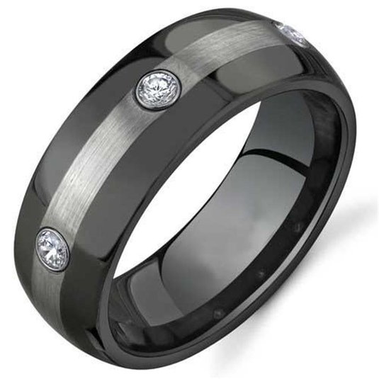 King Will 8mm Black Tungsten Carbide Ring Matte Finished 3 Cubic Zirconia Stones Wedding Band