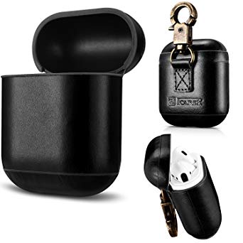 AirPods Case Genuine Leather Full Protective Shockproof Cover Portable with Keychain for Apple AirPods Charging Case (Black)