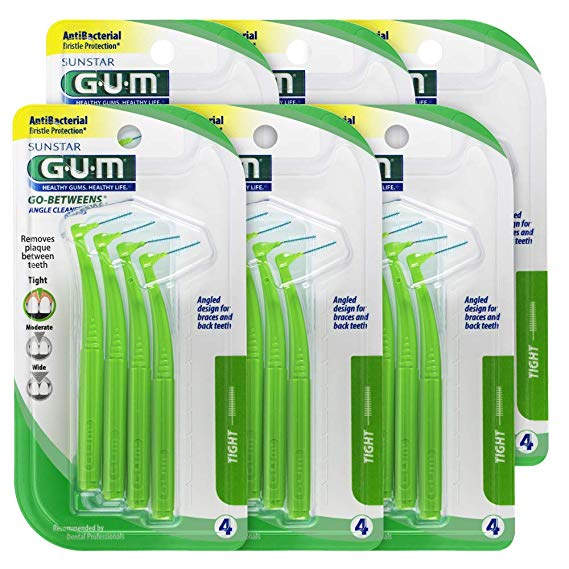 GUM Proxabrush Go-Betweens Interdental Brushes, Angle Cleaner, Tight, 4 Count (Pack of 6)