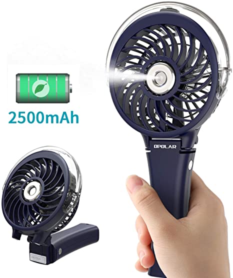 OPOLAR Small Handheld Portable Misting Fan, 2500mAh Battery Operated Rechargeable Personal Water Spray Mist Cooling Fan Humidifier, 3 Speeds, Neon Light, Quiet, Powerful Airflow Foldable Fan, Blue