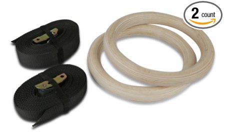 Gymenist Pair of Wood Gymnastics Gym Rings Set of 2 Workout Exercise Hoops with Bands And Buckles Choose Width of Belt