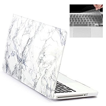 Rinbers Hard Shell Case Print Frosted with KB Skin for MacBook Pro 15.4 Inch with CD-ROM (NON Retina) A1286 - White Marble Rubber Coated Cover