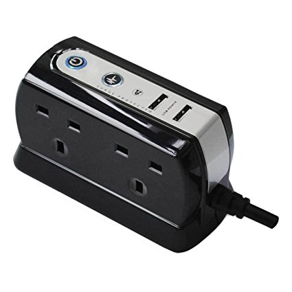 Masterplug SRGDU41PB2 2.1 A 1 m 4 Gang 2 x USB Compact Surge Extension Lead - Polished Black
