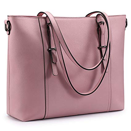 S-ZONE 15.6 inch Leather Laptop Tote Bag for Women Large Work Handbag Computer Shoulder Purse