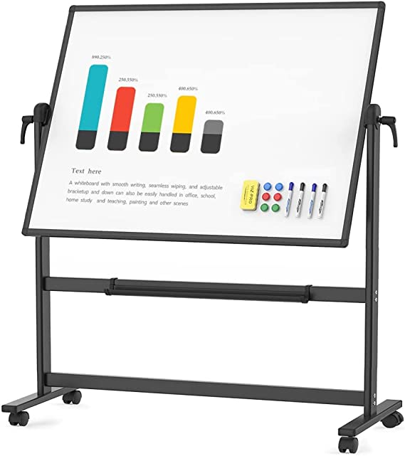 VIZ-PRO Double-Sided Magnetic Mobile Whiteboard, 48 x 36 Inches, Black Aluminium Frame and Stand…
