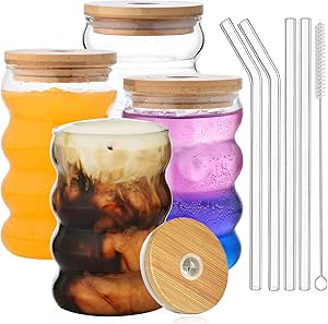 ALINK 16 oz Drinking Glasses with Lids and Straws Set of 4, 16 oz Wave Shape Bubble Glass Cups, Beer Glasses, Iced Coffee Glasses, Cocktail Glasses, Water Cups with Brush