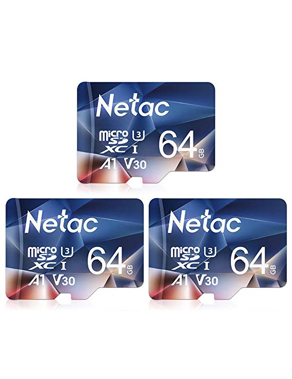 Netac 64GB x 3 Micro SD Card, MicroSDXC UHS-I Memory Card - 100MB/s, 667X, U3, C10, Full HD Video V30, A1, FAT32, High Speed Flash TF Card P500 for Laptop/Bluetooth Speaker/Tablet/Smartphone/Camera