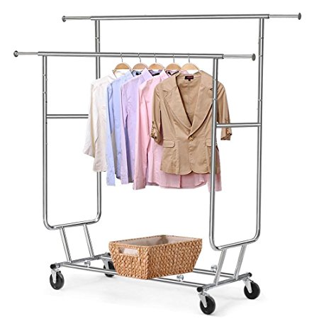Double Rail Garment Rack, Adjustable and Collapsible, Chrome Finish, Commercial Grade Garment Rack