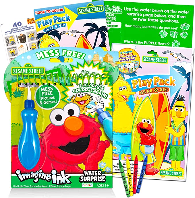Elmo Sesame Street Paint with Water Super Set for Girls Kids Bundle ~ Deluxe Mess-Free Book with Water Surprise Brush, Mini Coloring Book, and Stickers (Sesame Street Party Supplies)