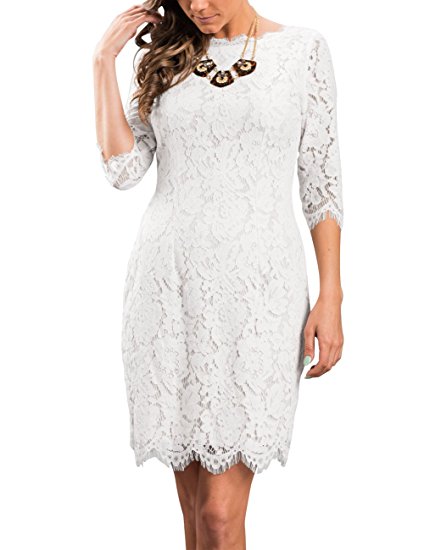 MEROKEETY Women's Elegant Floral Lace 3/4 Sleeve Cocktail Party Bodycon Dress