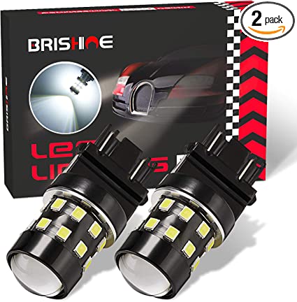 BRISHINE Super Bright 3157 3156 3056 3057 4157 3047 4057 3457 T25 LED Bulbs 6000K Xenon White 24-SMD LED Chipsets with Projector for Backup Reverse Lights, Brake Tail Lights, Running Lights(Pack of 2)