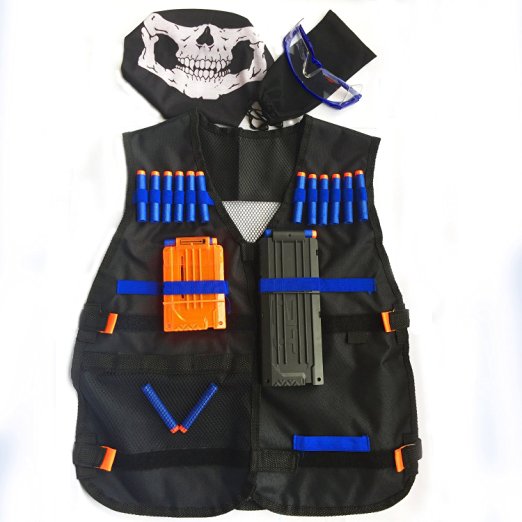 GFU Tactical Vest Jacket Kit with 16pcs Blue Darts   Protective Goggles Glasses   5-darts 11-Darts Quick Reload Clip   Face Tube Mask   Small Pendant for Nerf N-strike Elite Series (Gun Not Included)