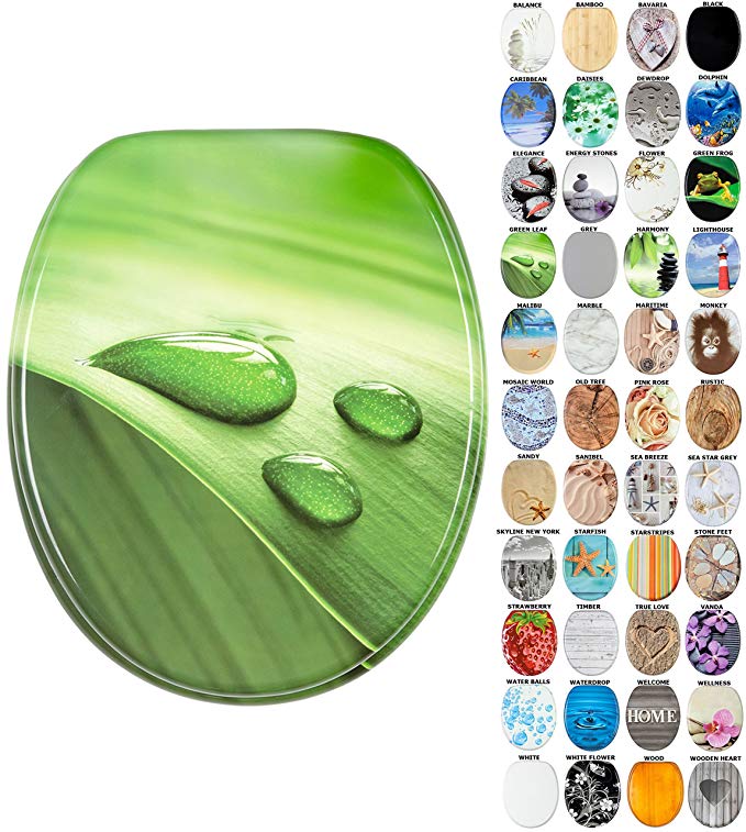 Soft Close Toilet Seat | Stable Hinges | Easy to mount | Many Different Designs (Green Leaf)