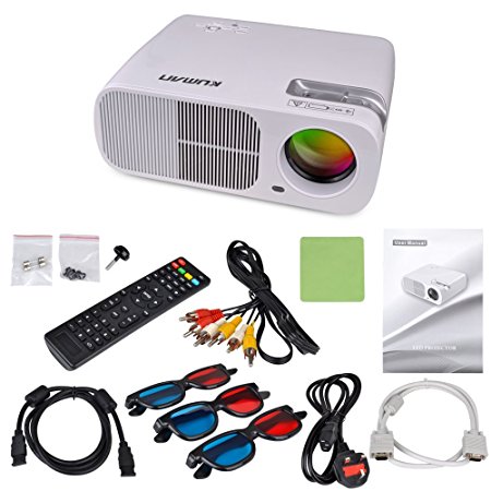 Movie Projector Kuman the portable mini 1080P Projectors 2600 Lumens 800*480 Resolution with HDMI Cable 2 HDMI 2 USB VGA TV/DTV YPBPR for Home Theater Cinema White H2