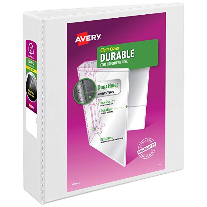 Avery 2" Durable View 3 Ring Binder, EZD Ring, Holds 8.5" x 11" Paper, 1 White Binder (9501)
