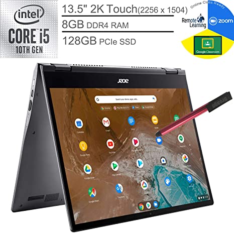 2020 Acer Chromebook Spin 713 13.5" 2K Touchscreen 2-in-1 Laptop Computer, 10th Gen Intel Quard-Core i5-10210U, 8GB DDR4 RAM, 128GB PCIe SSD, Chrome OS, BROAGE 64GB Flash Stylus, Online Class Ready