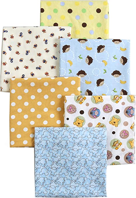 Danica Unisex Baby Cotton Flannel Receiving Blankets, 6-Pack, 30'' x 38'' (Blue004, Winnie Bear Monkey Polka Dot)