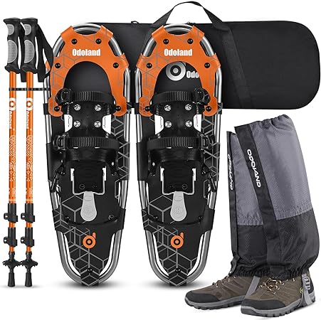 Odoland 4-in-1 Snowshoes for Men Women Youth Kids with Trekking Poles, Waterproof Snow Leg Gaiters and Carrying Tote Bag, Lightweight Snow Shoes Easy to Wear Aluminum Alloy, Size 21''/25''/30''